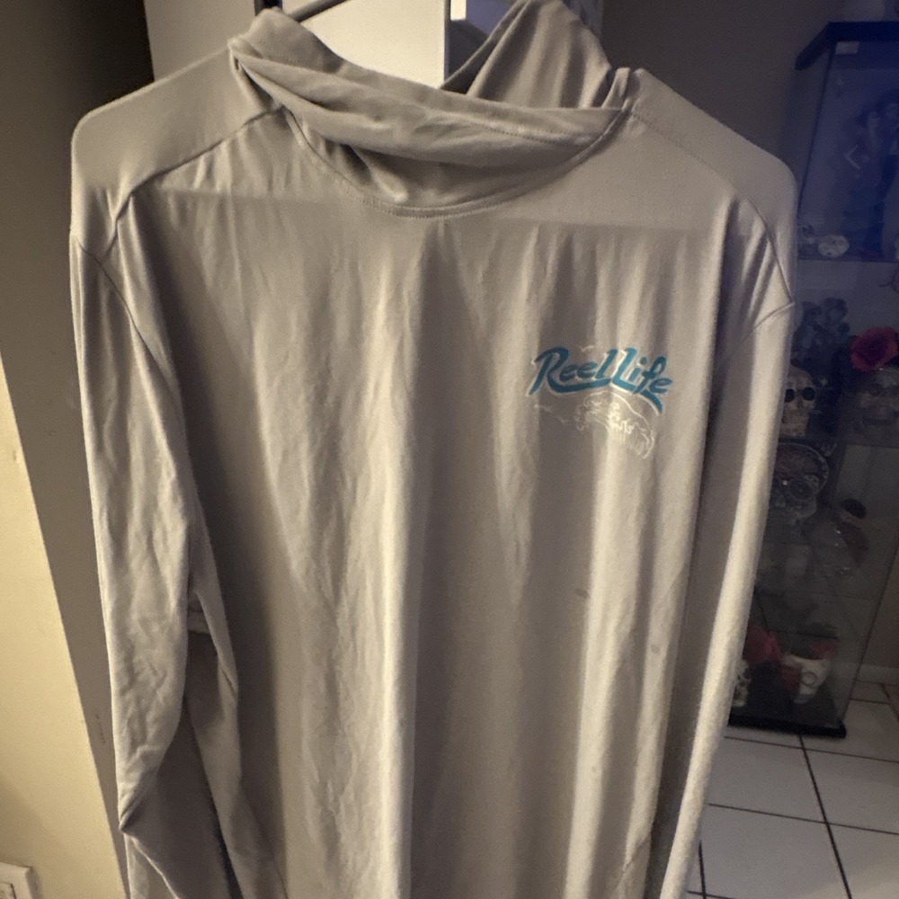 Reel Life Mens Gray Hooded Long Sleeve Performance T-Shirt 2XL Logo Pullover